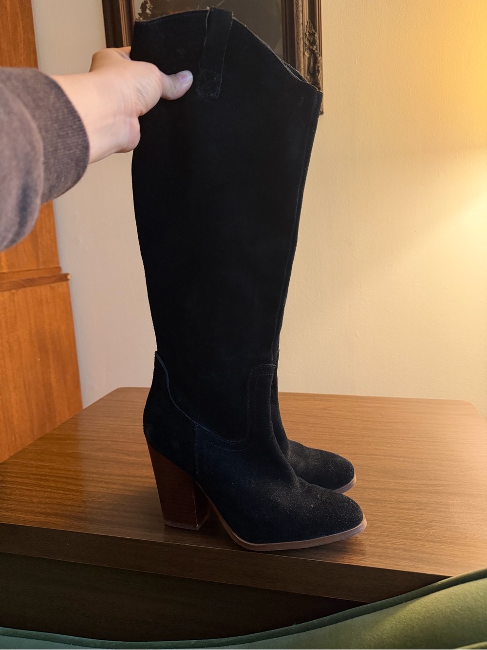 Crown Vintage Black Suede Knee-High Heeled Boots